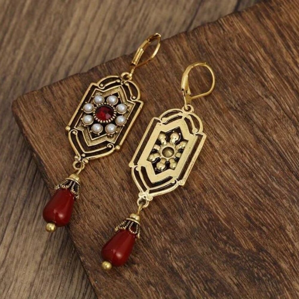 NEW Anastasia Edwardian Antique Gold and Red Seed Pearl Drop Earrings - Picture 3 of 5